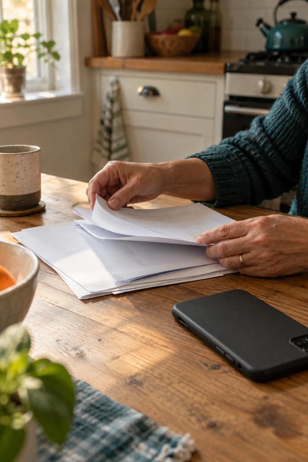 Illustrative scene of a caregiver sorting paperwork at a kitchen table
