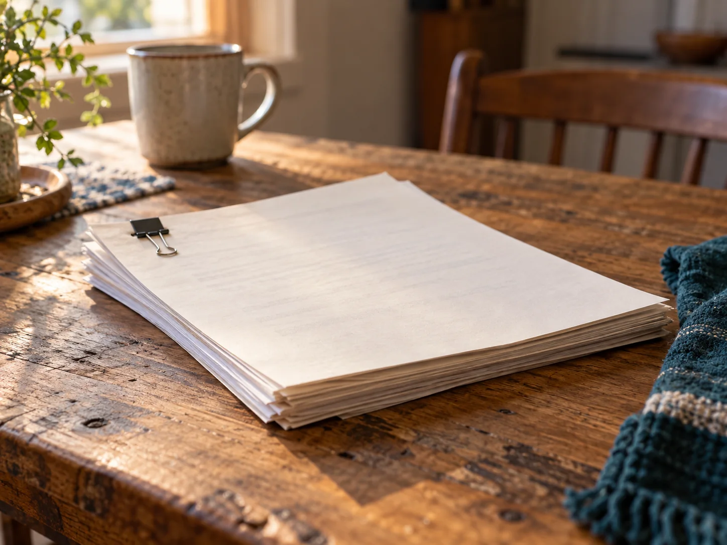 Illustrative stack of unmarked discharge papers on a kitchen table