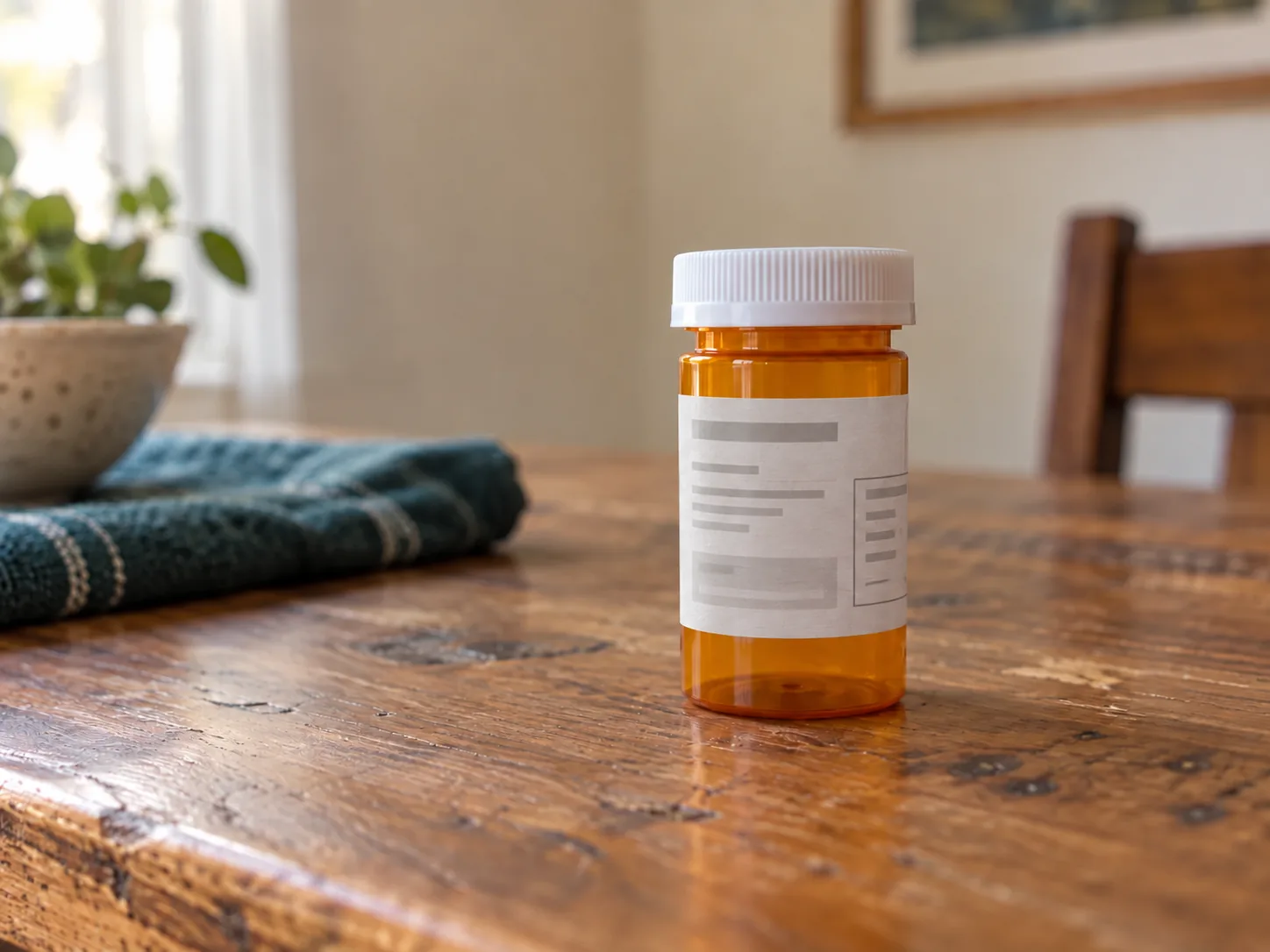 Illustrative labeled amber pill bottle on a kitchen table
